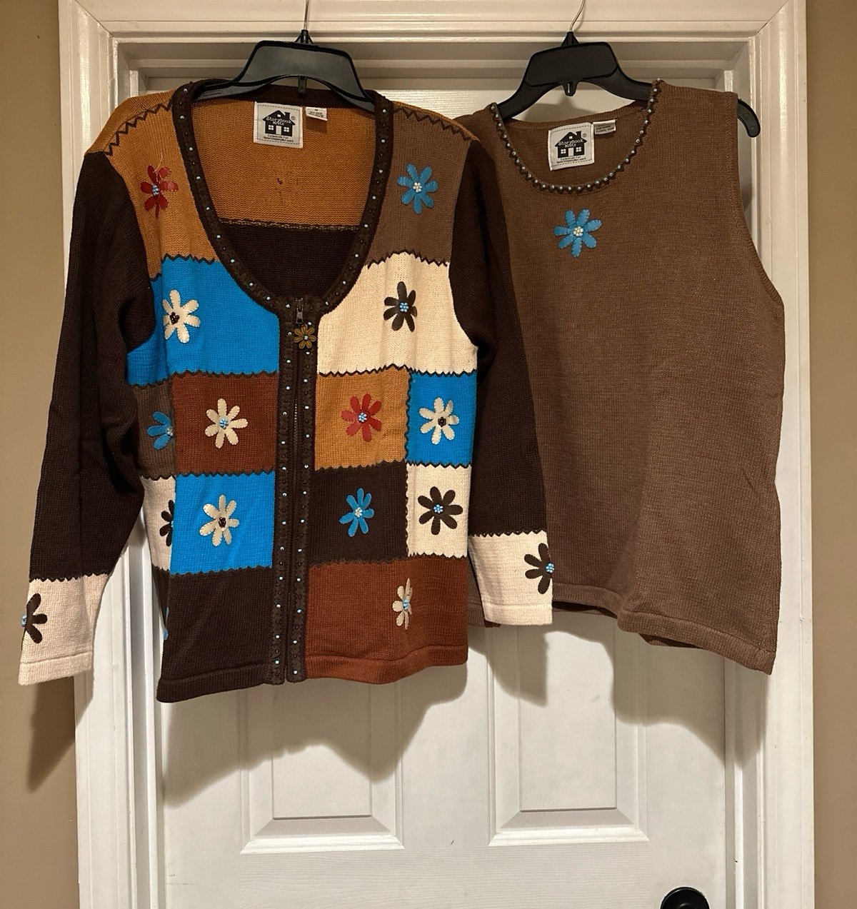 Vintage 2pc Storybook Knits Floral Theme Granny Core HSN Zip-up Cardigan Size 1X