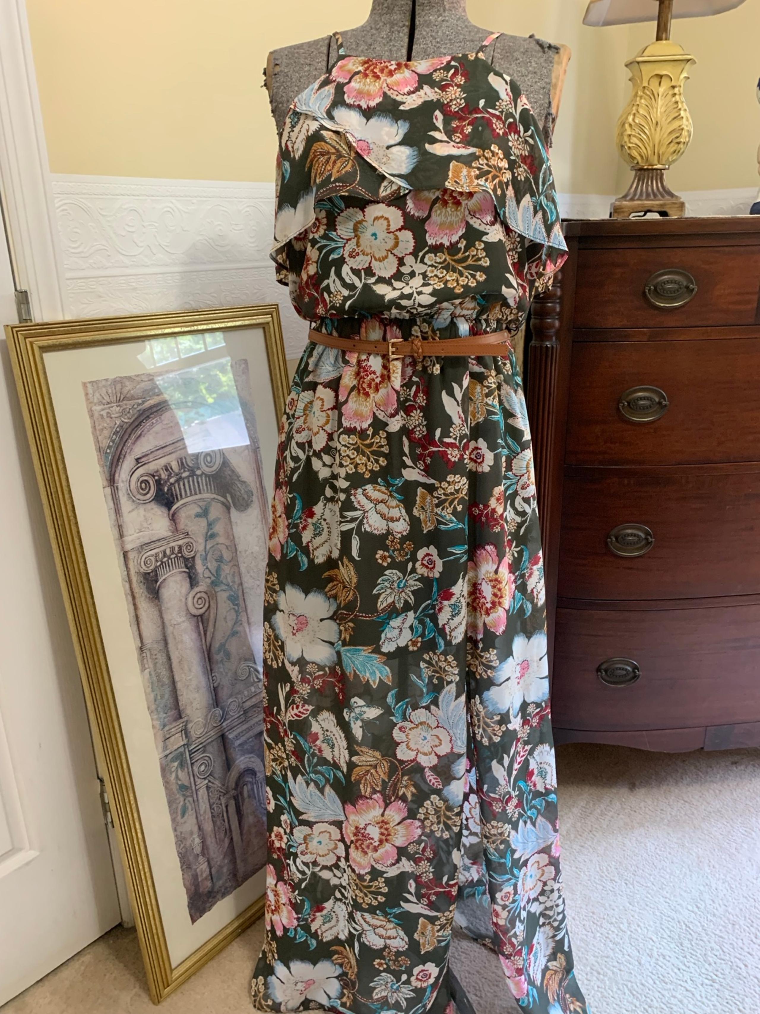 IZ Byer Women’s Maxi Dress Size M Taupe Floral Chiffon Layered Top Braided Belt-