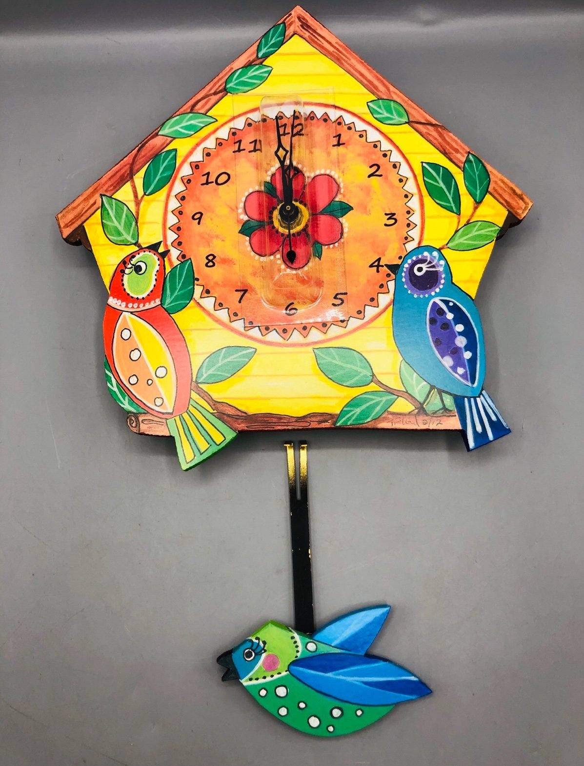 Laughing Moon Colorful Birds Pendulum Clock Hand Made in USA New in Box