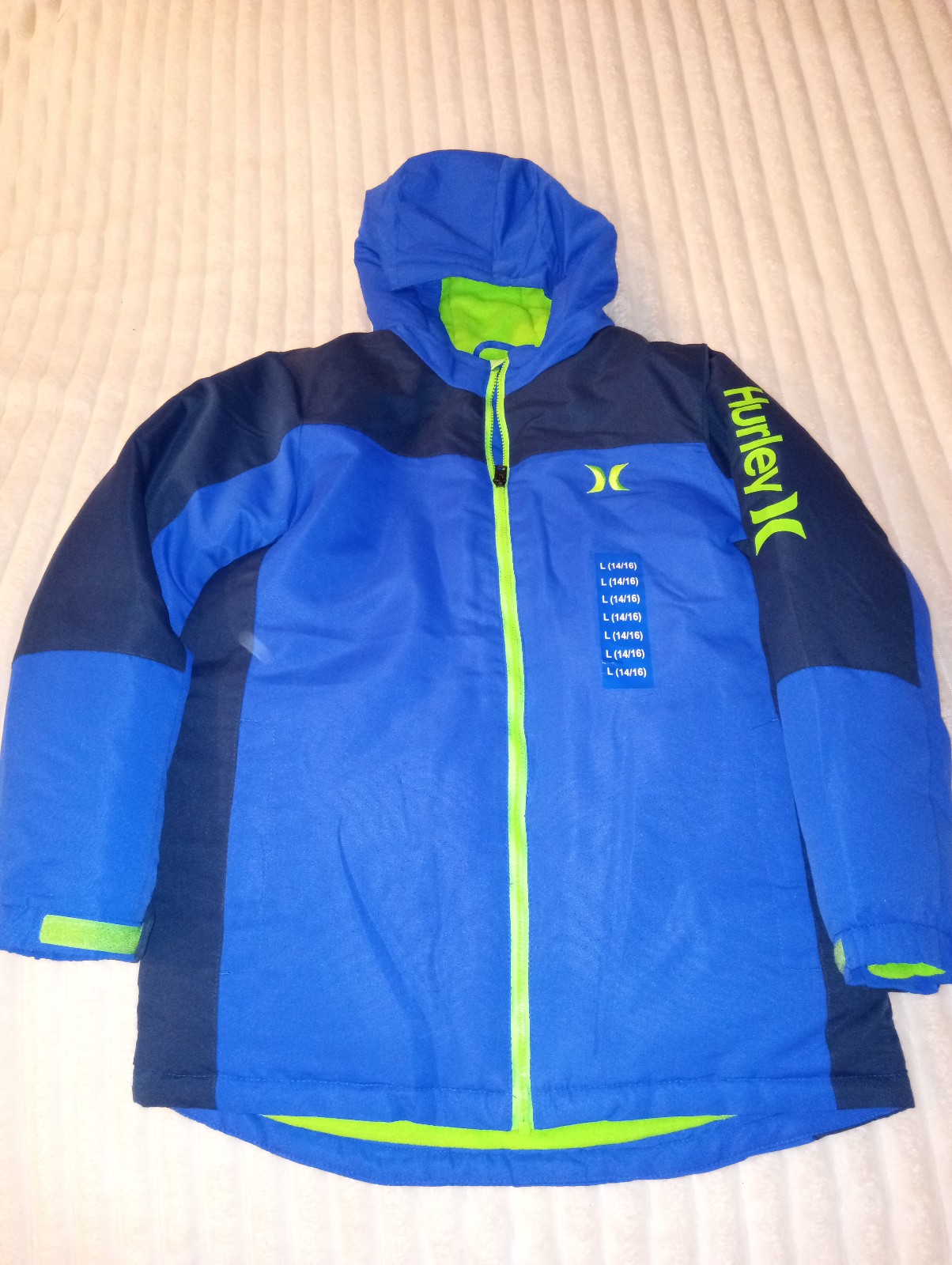Hurley Hoodie Winter Coat Boys Size Large 14/16 new without tags Blue Green Logo
