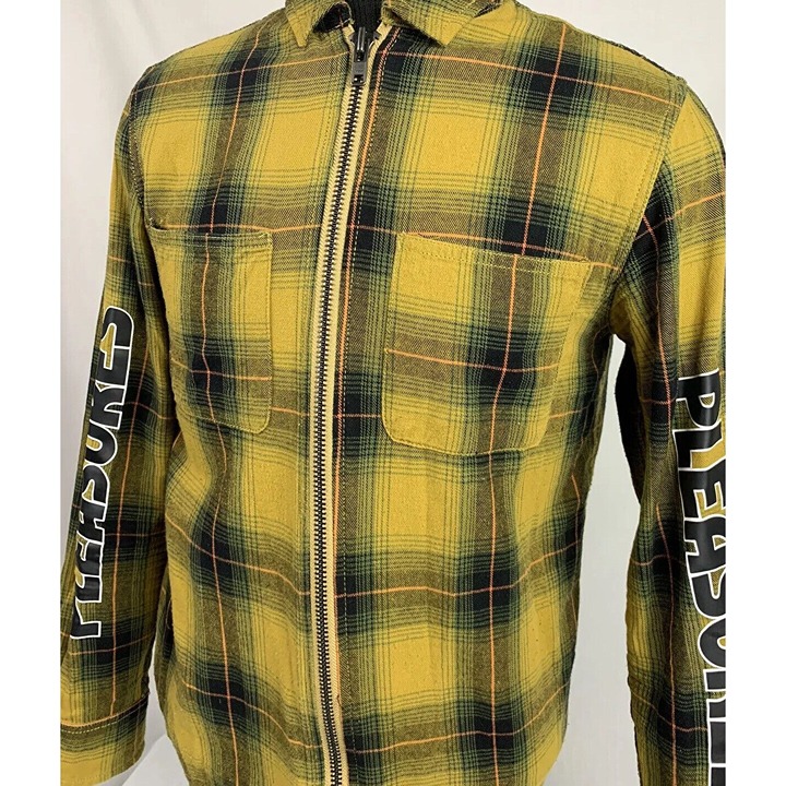 Pleasures Jacket Mens Small Lightweight Plaid Tartan Check Shirt Zip Spell Out