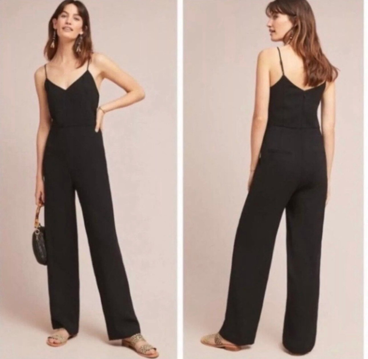 ANTHROPOLOGIE The Essential Slim Black V-Neck Straight Leg Jumpsuit Size 0