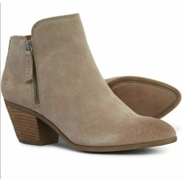 Frye Judith Double Zip Heeled Bootie Suede in Ash Tan size 9.5