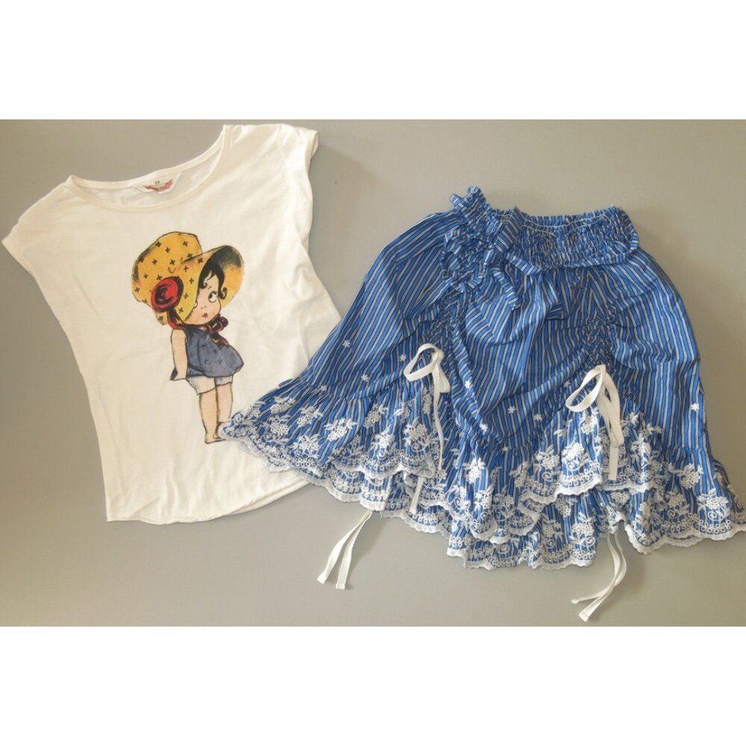 PAPER WINGS blue bustle stripe vintage skirt cupie short sleeve top t-shirt 8 10