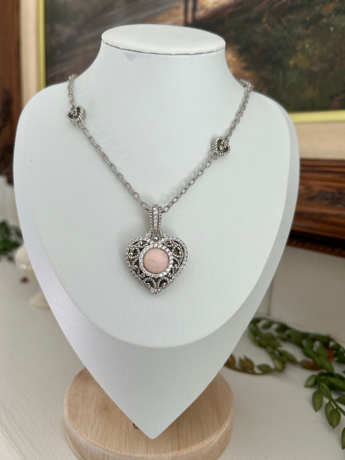Judith Ripka Sterling Silver Diamonique Rose Quartz Heart Station Necklace 22”