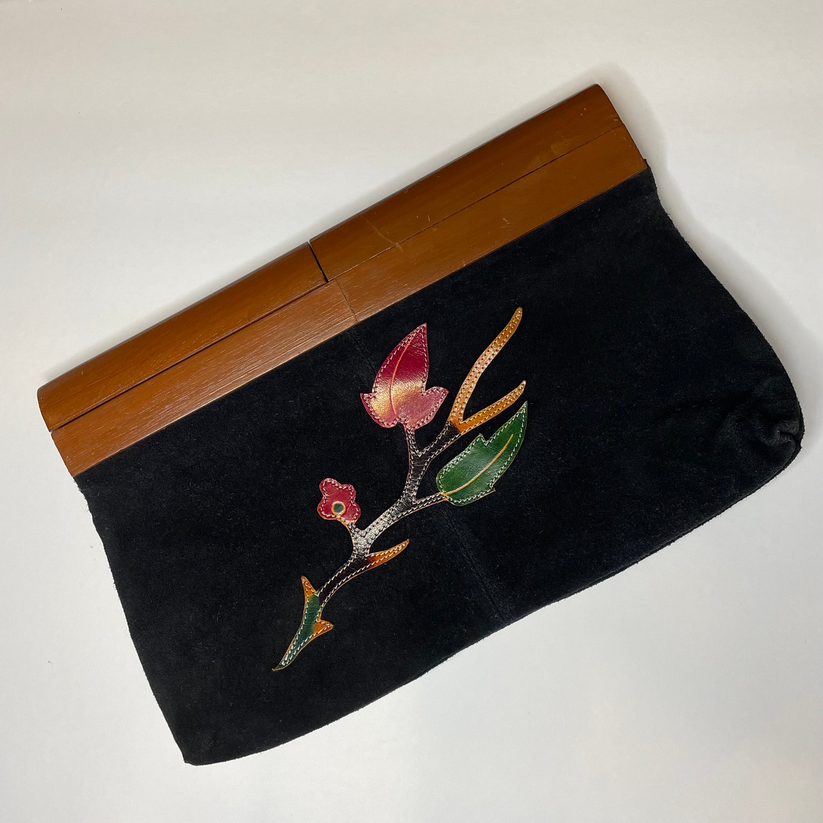 Vintage Black Suede Floral Leather Wood Handle Large Clutch Purse XC