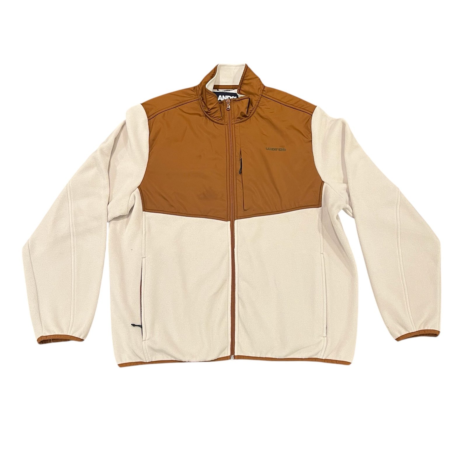 Lands’ End Men’s Full-Zip Quarter Zip Fleece Jacket Cream/Brown XL Nylon Blend