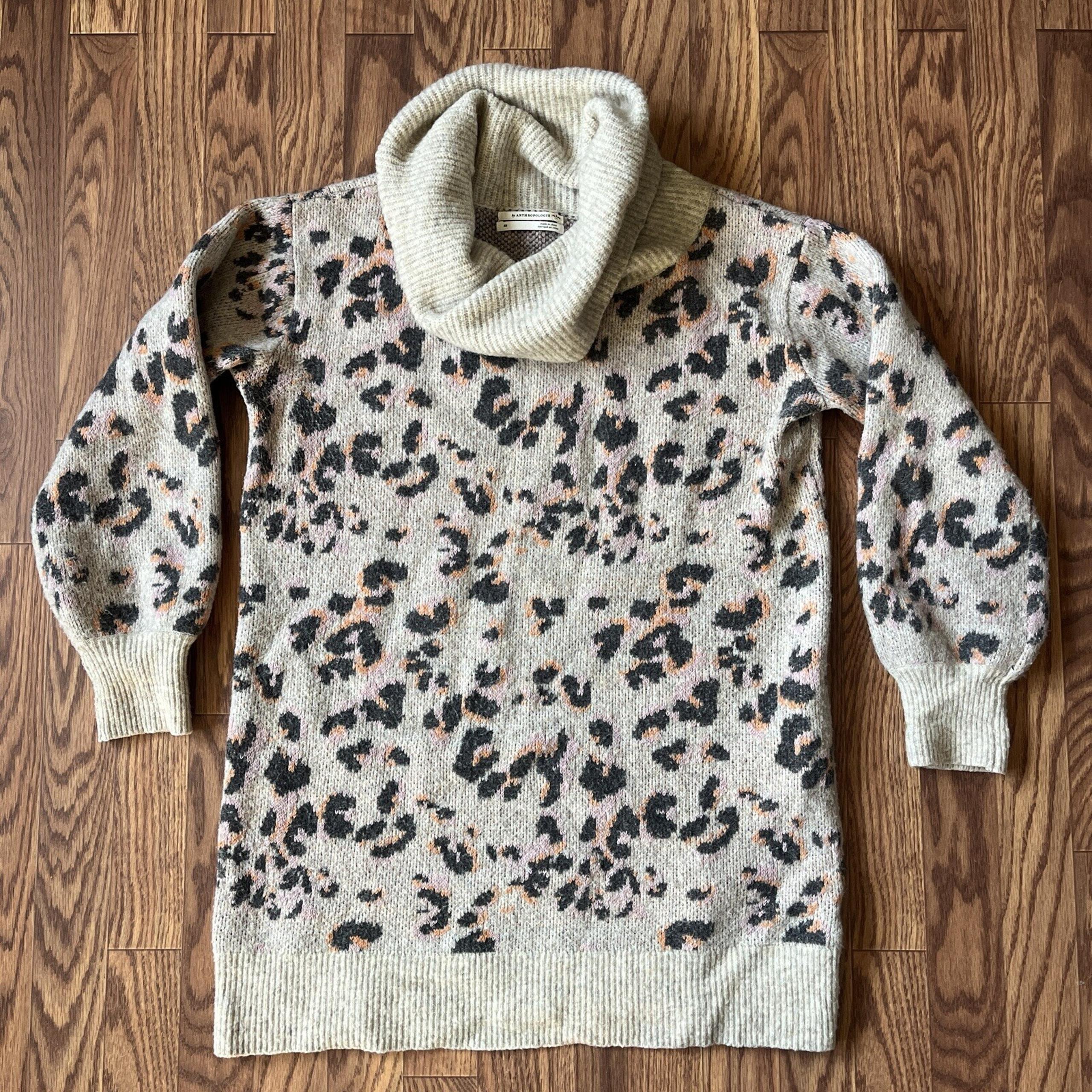 Anthropologie Women's Emmy Gray Pink Leopard Wool Blend Cowl Neck Sweater XS