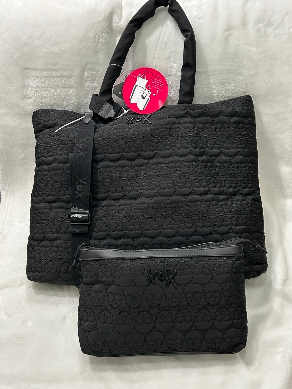 Betsey Johnson Quilted Skull Embossed Weekender Travel Tote Bag & Cosmetic Pouch