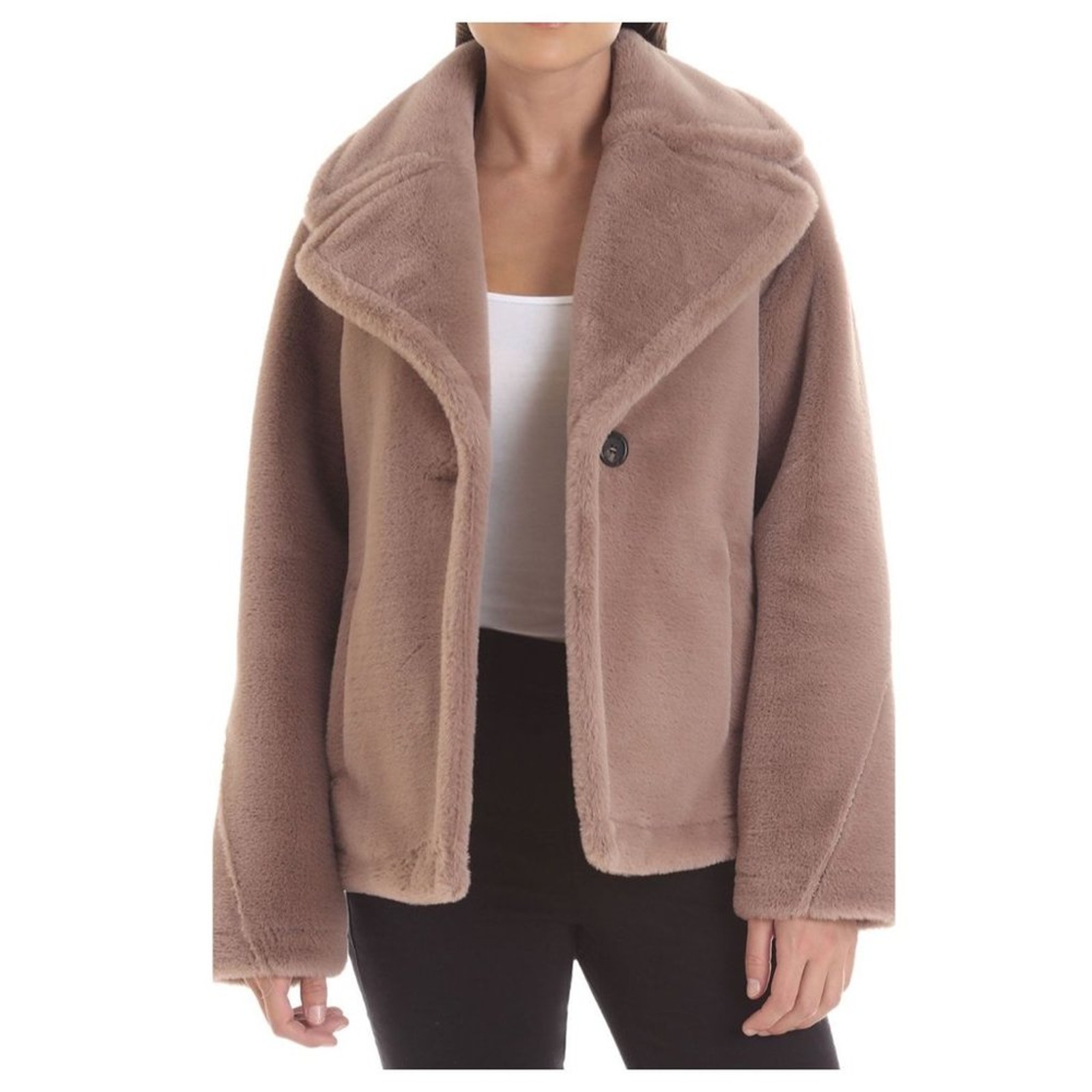 Avec Les Filles Notched Collar Faux-Fur Coat Dove Beige