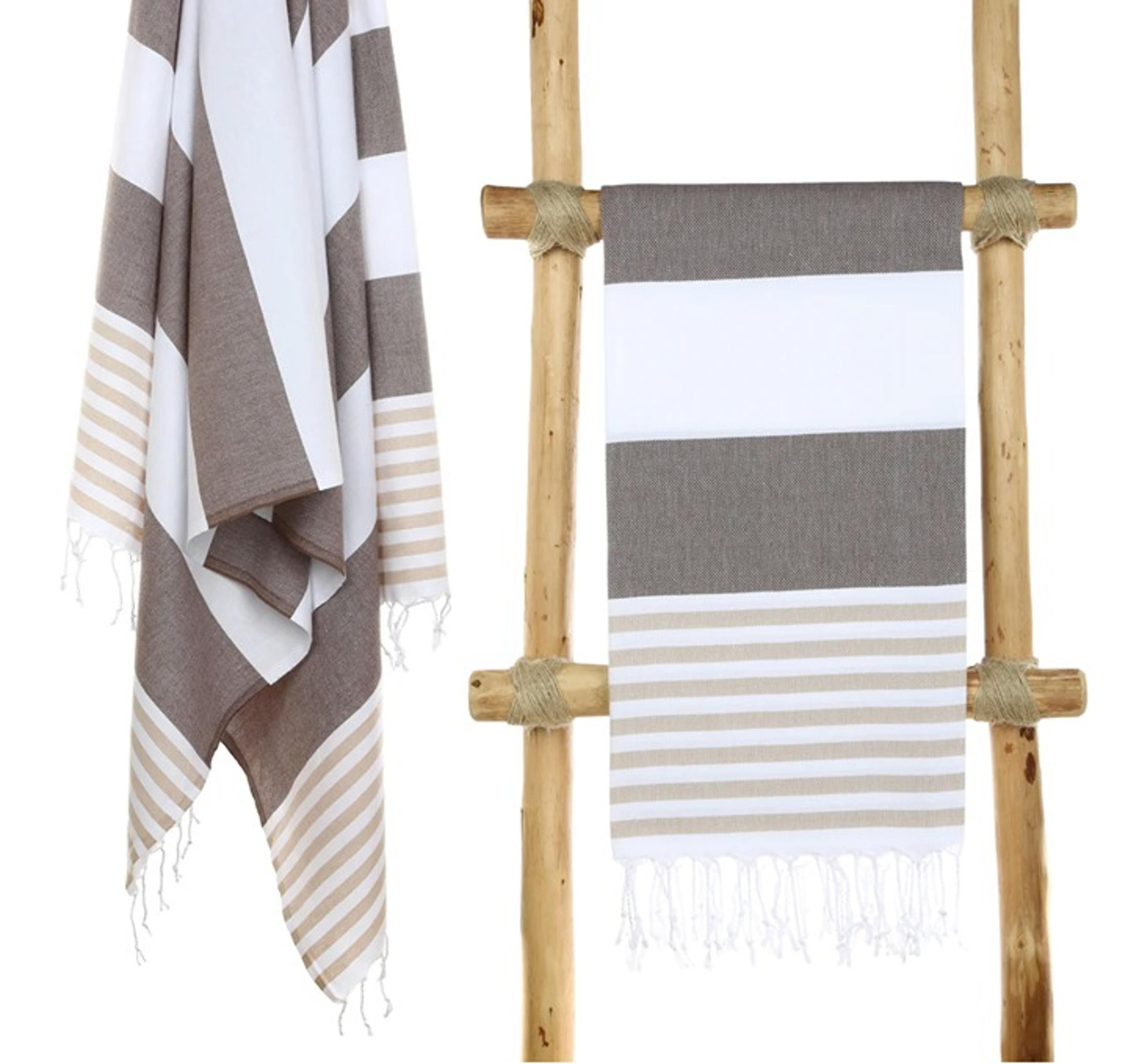 4 Turkish Towel Set - Brown Beige Striped Turkish Cotton Beach Bath Towels