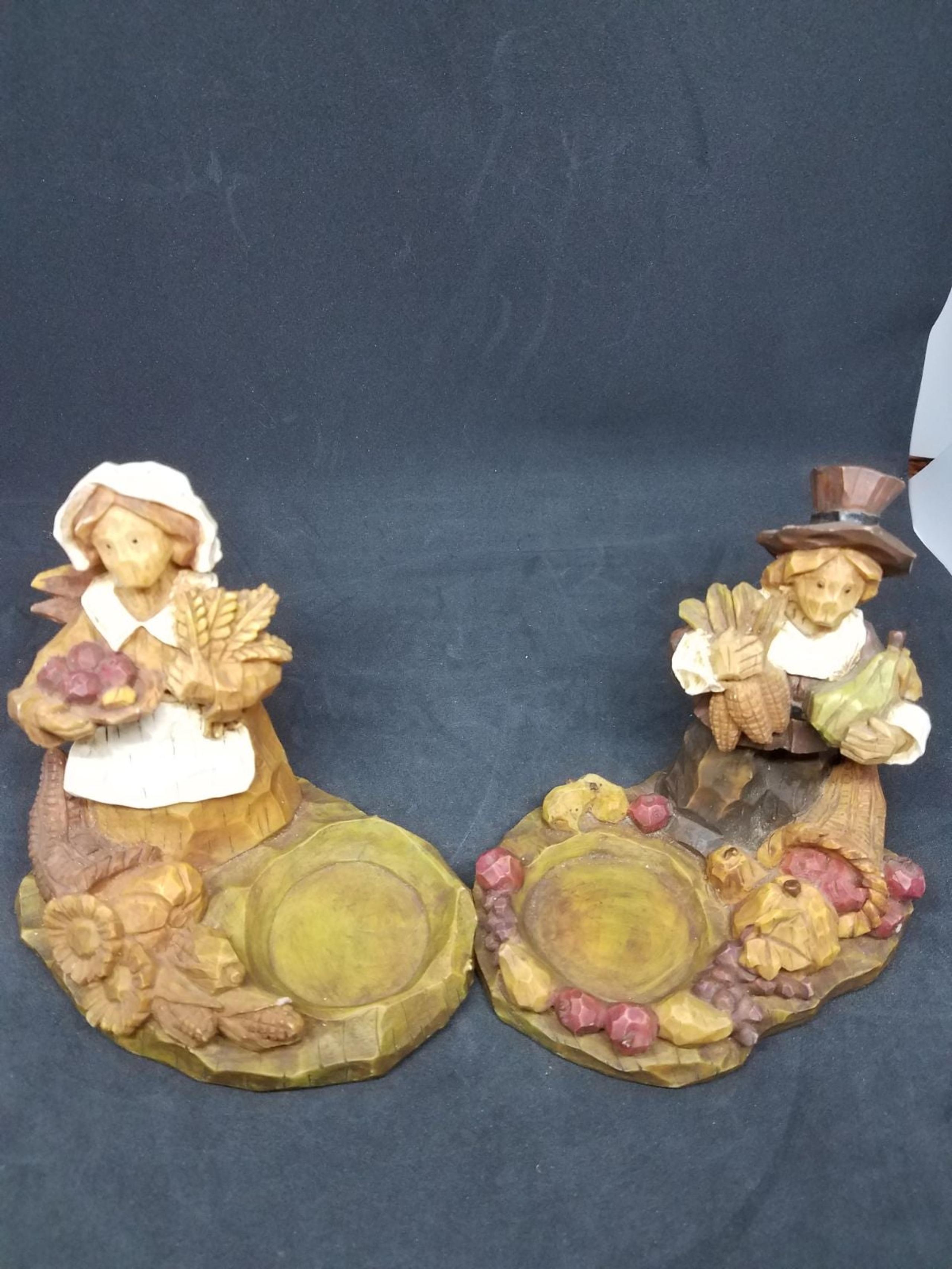 Ganz Thanksgiving Pilgrim Candle Holders- Resin Carved Wood Look