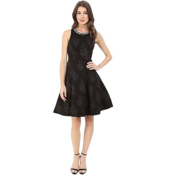 Maggy London Womens Embossed Rose Crepe Fit & Flare Dress with Beaded Neck Sz 10