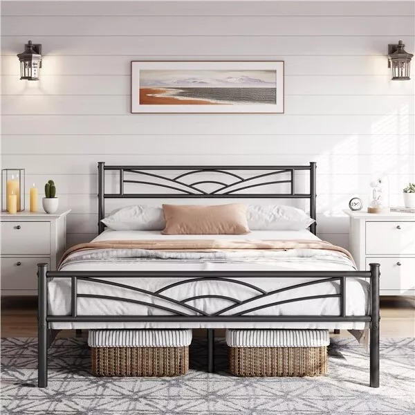 Queen Metal Bed frames with Headboard Platform Bed for Home Bedroom black