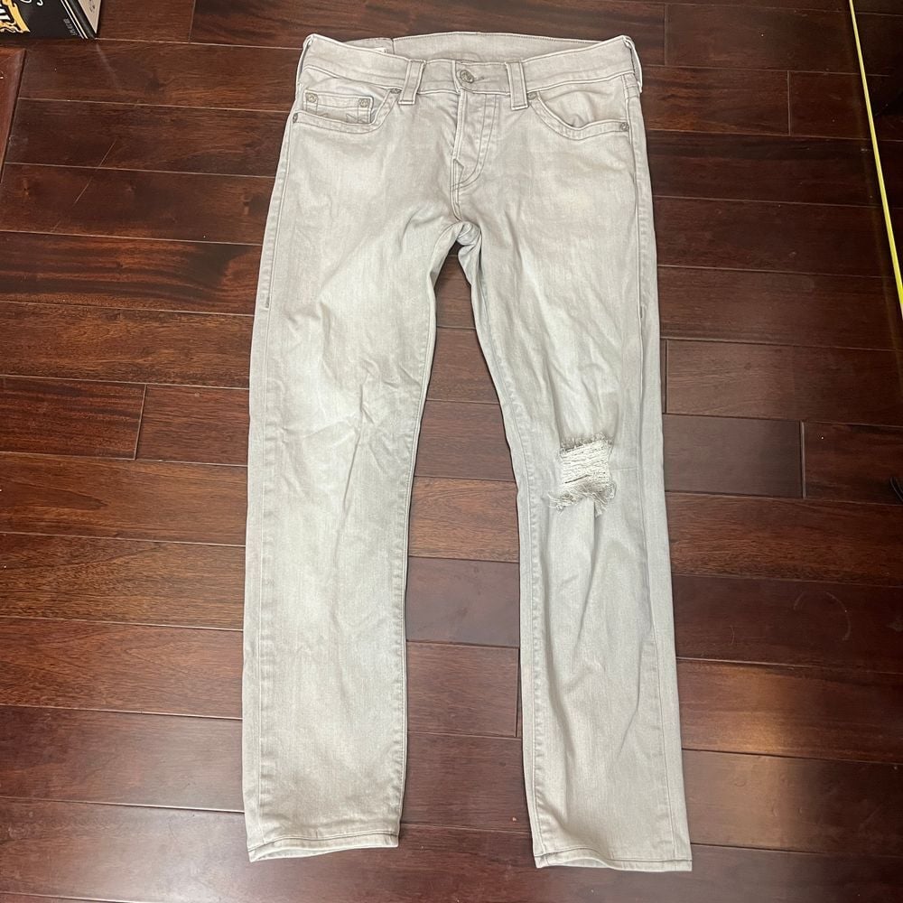 True Religion Jeans Mens Rocco Relaxed Skinny Stretch Gray Denim 30x28 Grunge