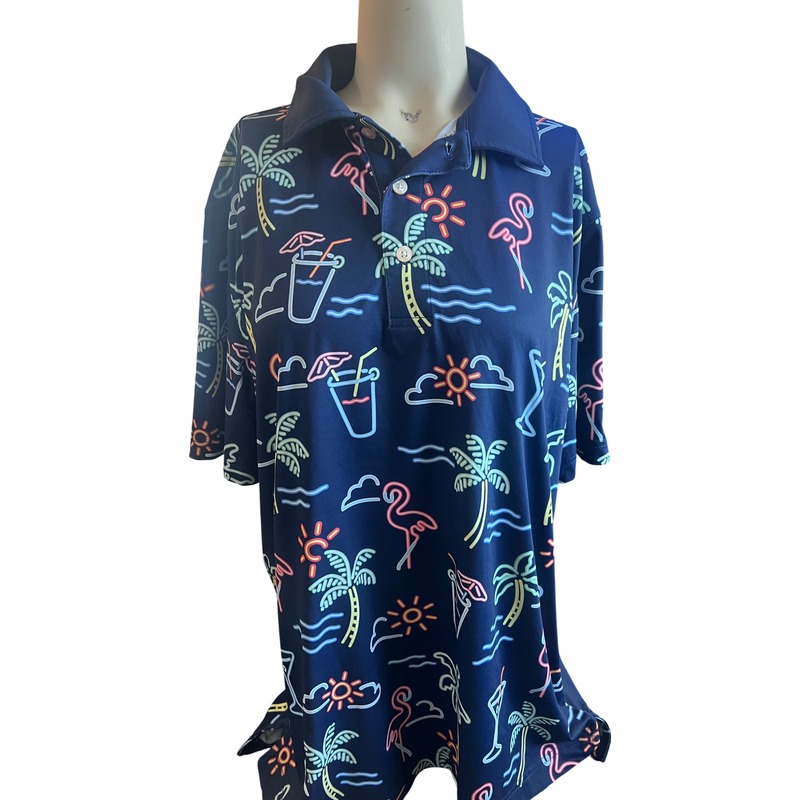 Chubbies Polo Shirt Men's Small Tropical Neon Print Flamingo Palm Tree Golf