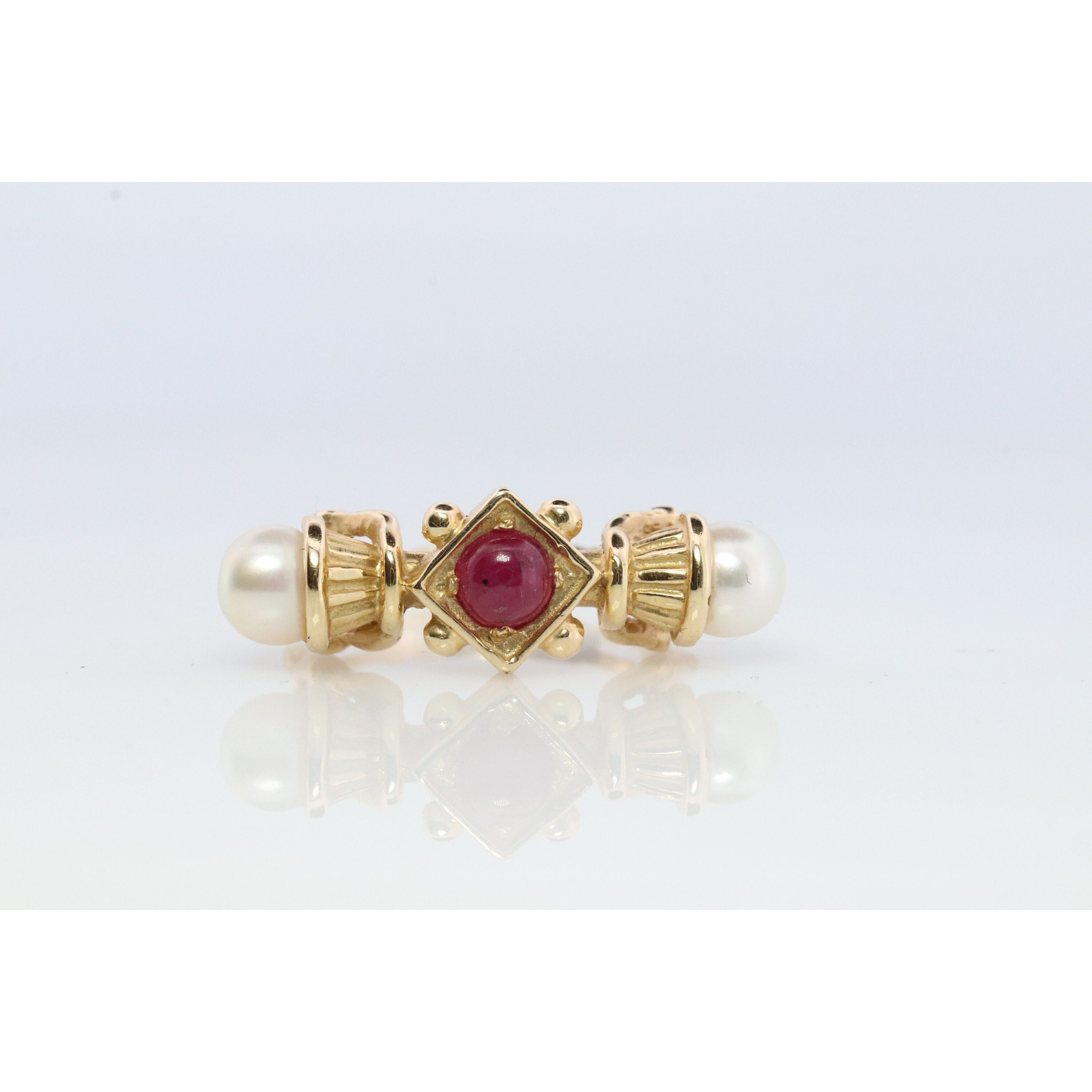 14k Ruby and Pearl Cluster ring. Victorian Pearl seed and Ruby band. Etruscan R