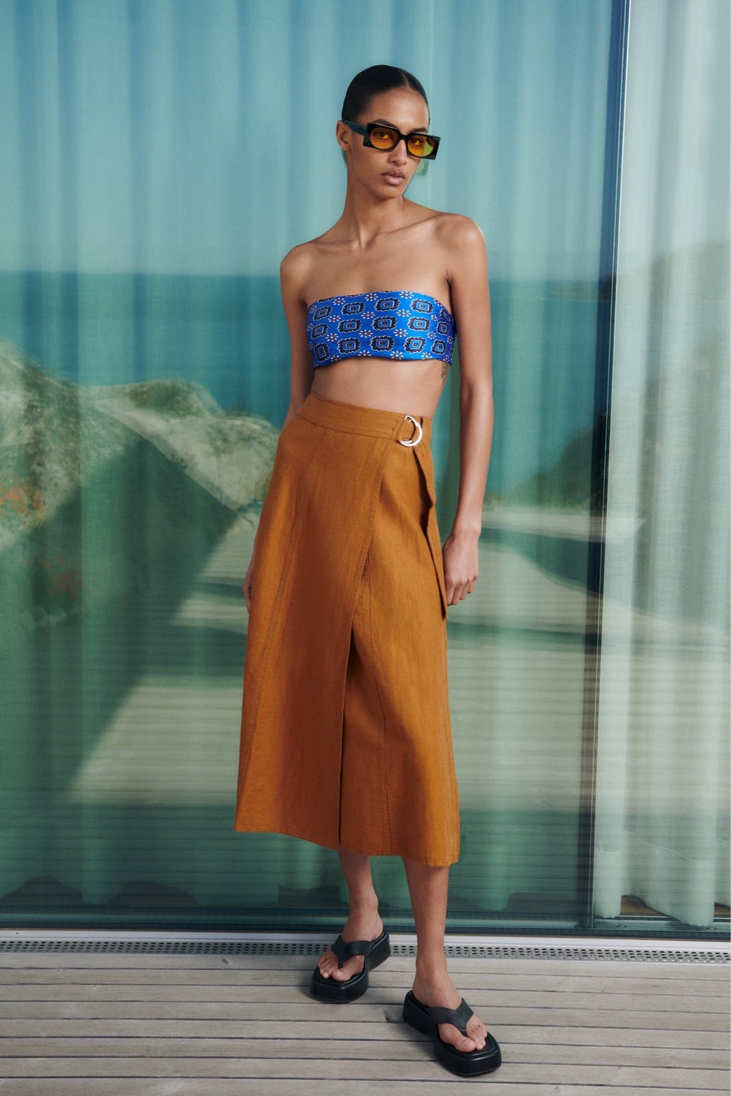 Zara Linen Blend Wrap Midi Skirt
