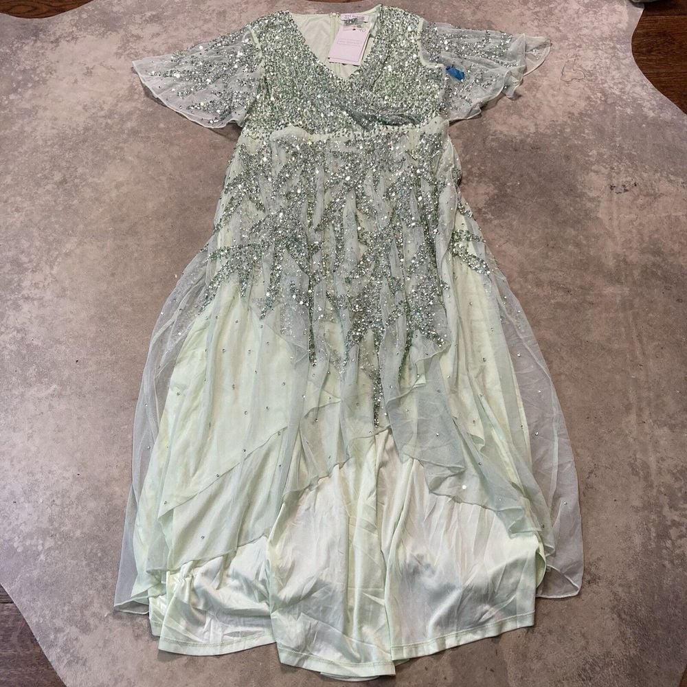 Mac Duggal Dress Womens 18 Mint Green Sequined Butterfly Sleeve High Low Gown
