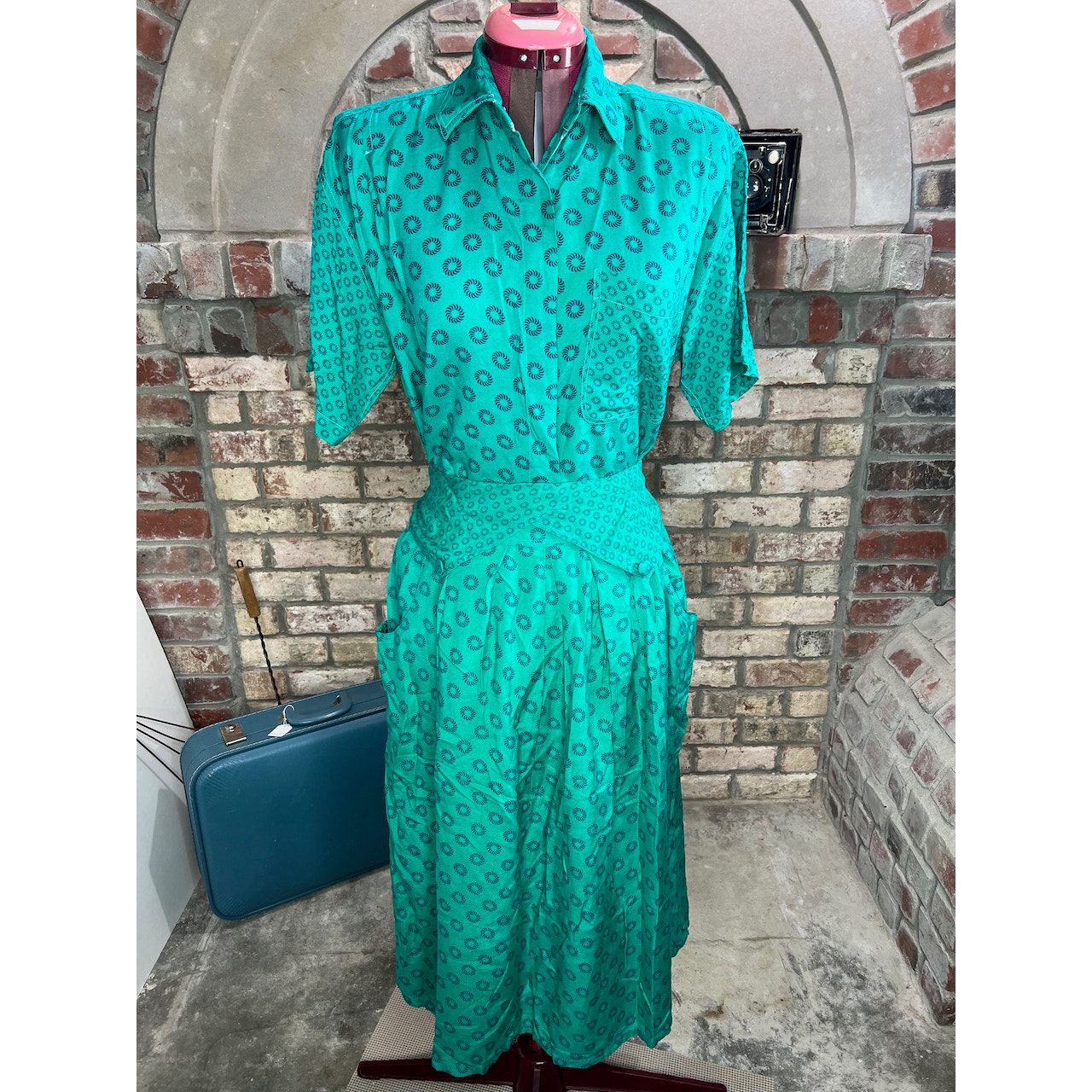 Skirt set button down teal navy button down A line skirt geometric