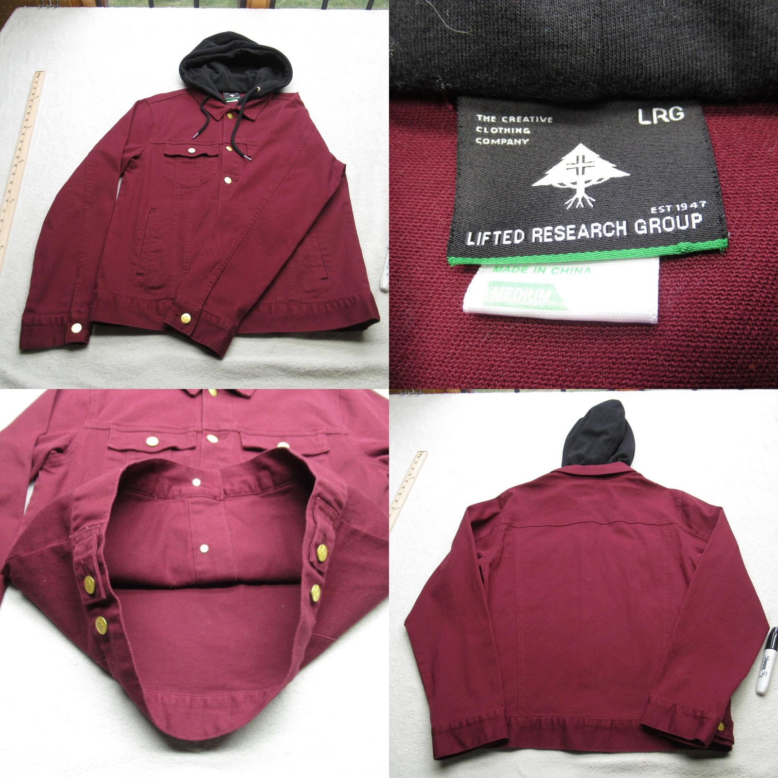 Lifted Research Group Denim Jacket Men Medium Purple Hood Pockets Trucker Button