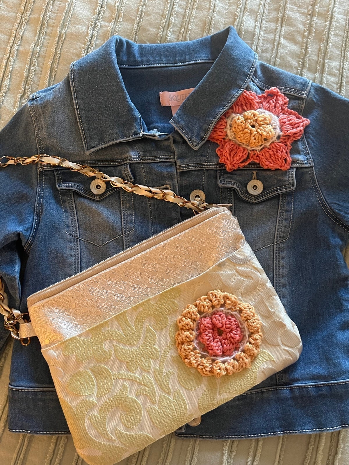 Girls Squeeze Cropped Denim Jacket and Matching Handmade Purse; Size 10-12 New