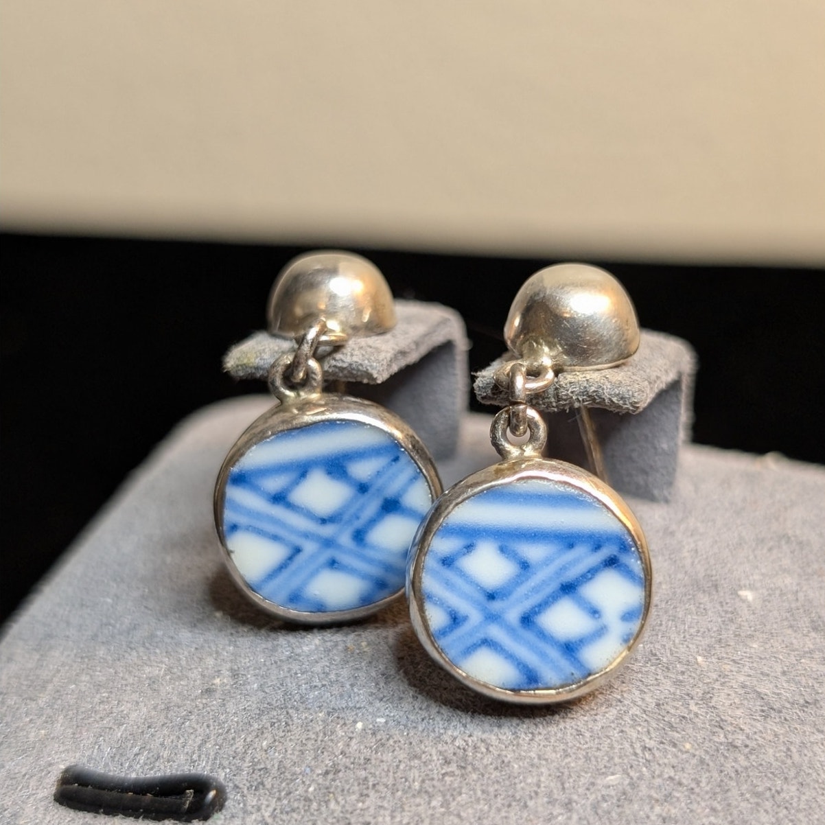 Vintage Minton Pottery Sterling Silver Ball Post Dangle Earrings