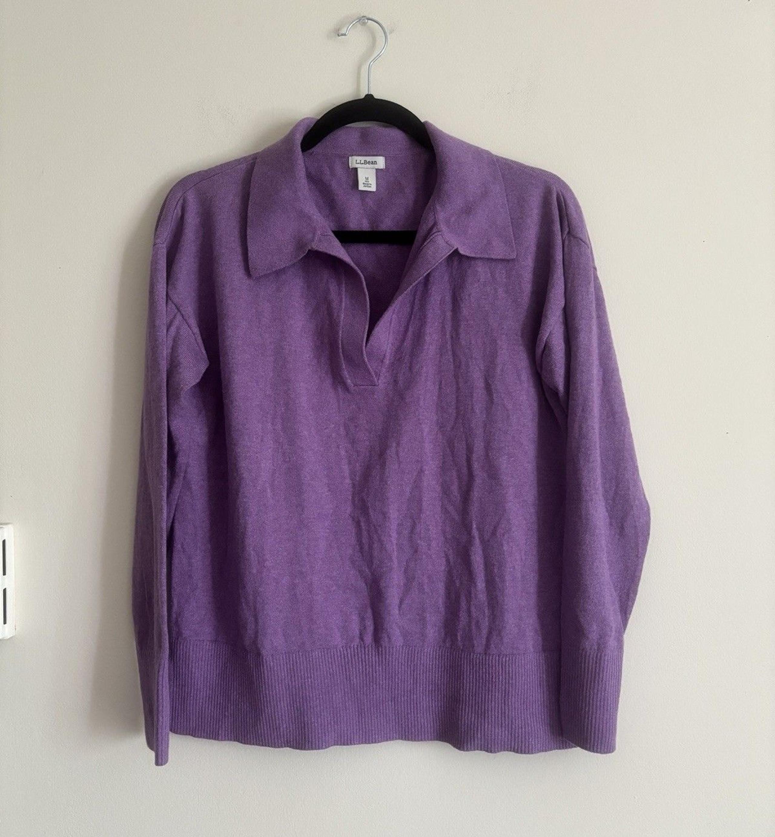 LL Bean Womens Medium Cotton Cashmere Sweater Polo V Neck Purple Preppy Outdoor