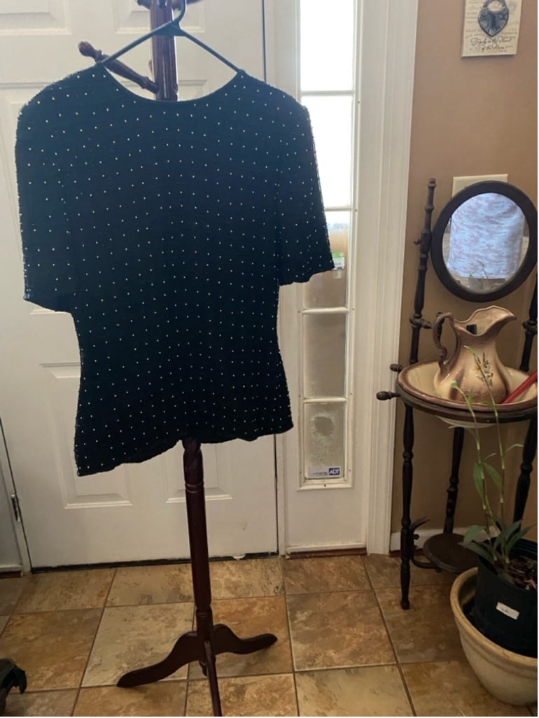 Women's Scala Top XL Black Gold Beaded Silk Party Blouse