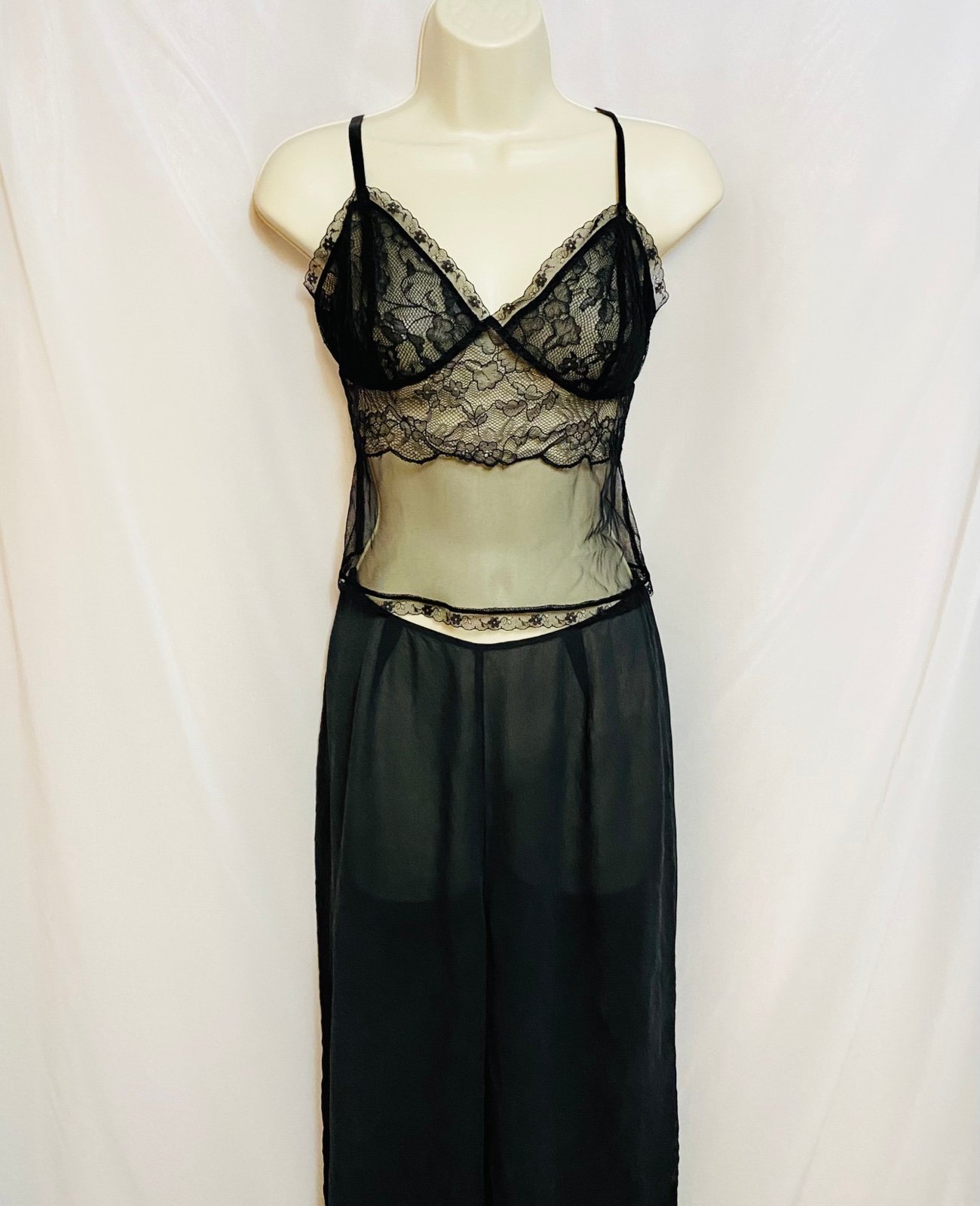 90s Victoria’s Secret Intimates Sheer Black Lace Cami Top and Silk Pants Set