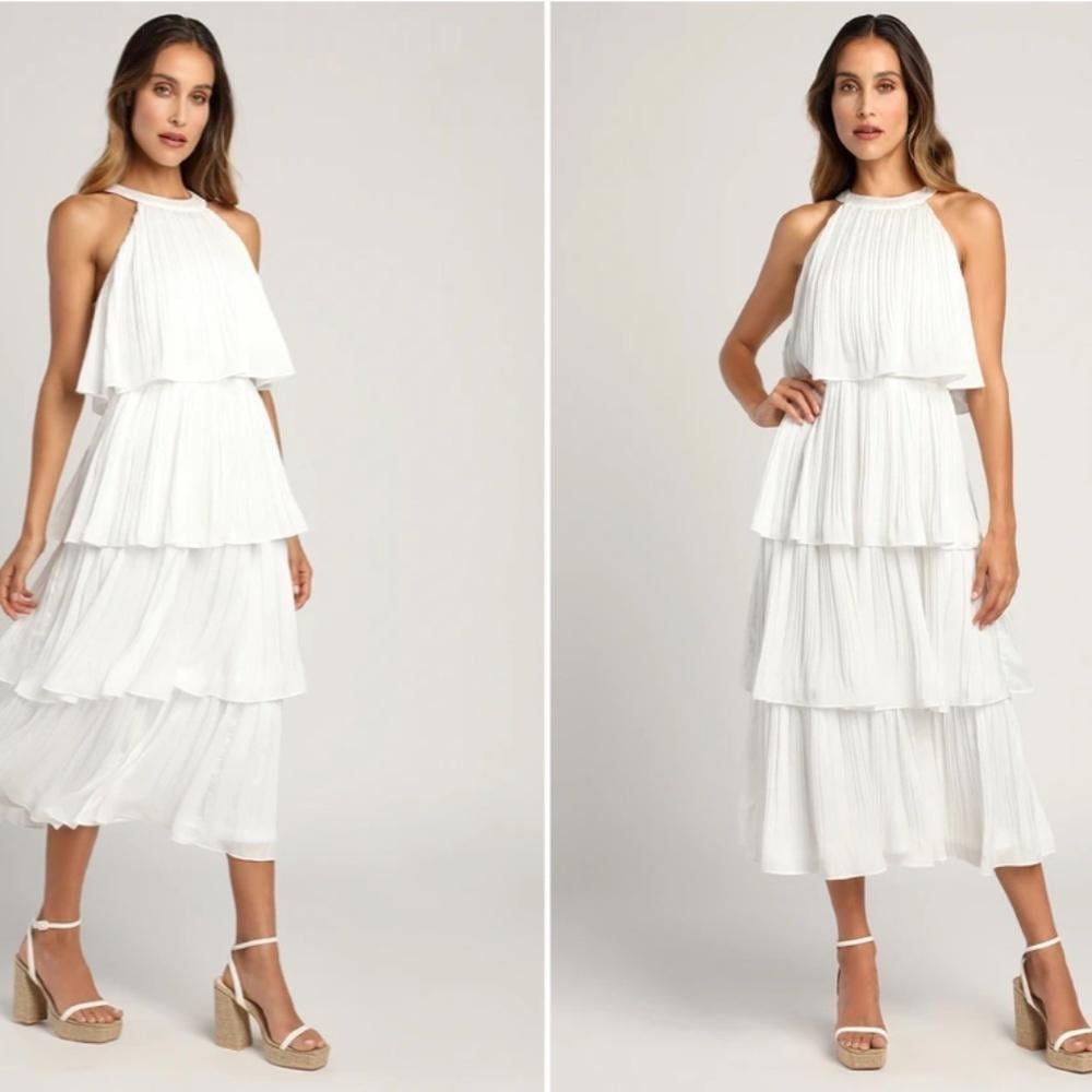 LULU's Wedding Bridal Shower Honeymoon Satin Pleated Tiered Ruffle Midi Dress