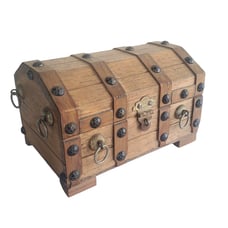Vintage Pirate Treasure Chest Wood Jewelry Trinket Box Hinged Lid Mens Gift