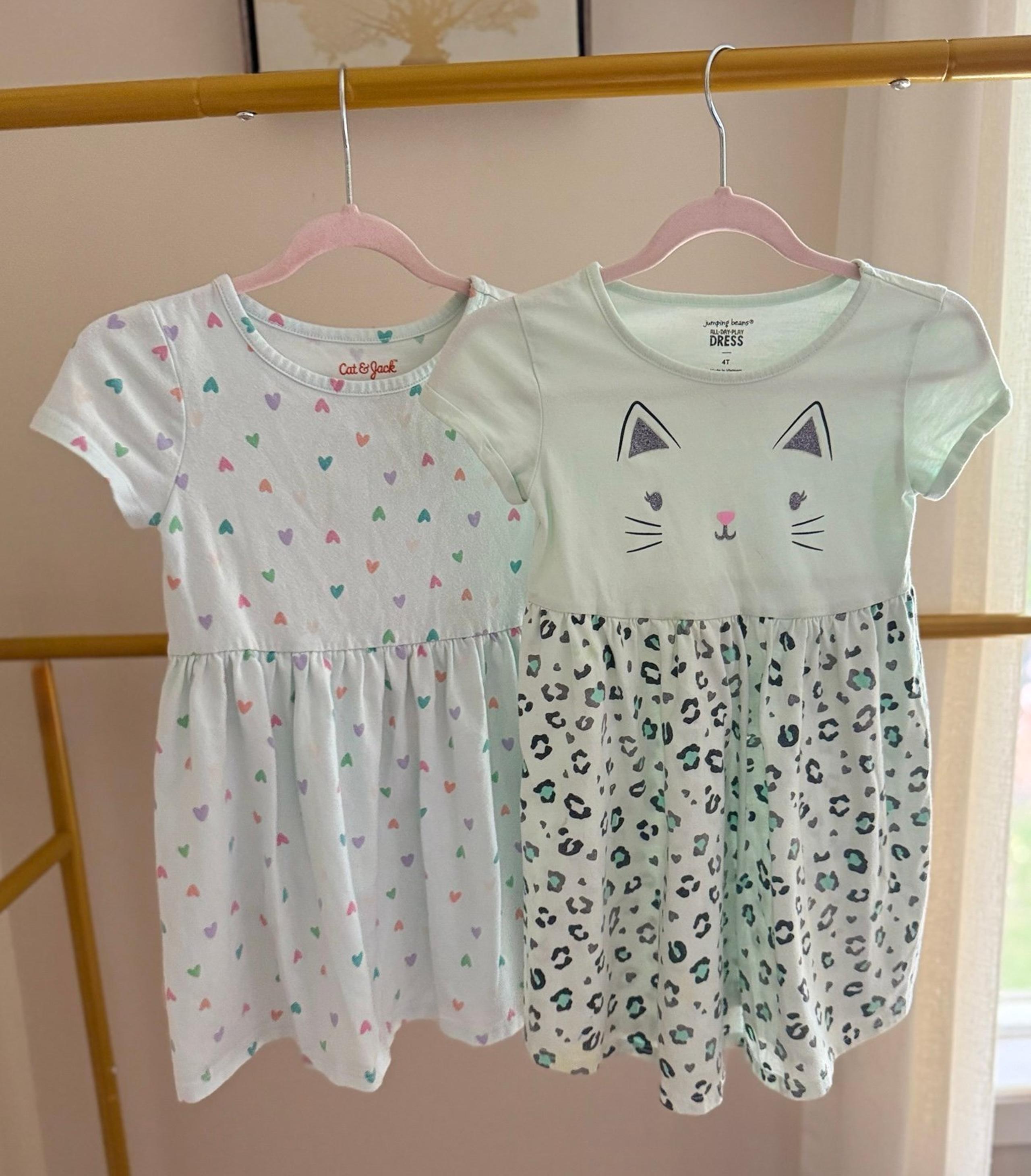 Cat & Jack/ JB Pastel Dress Bundle-Girls 4T Cat Face Leopard & Heart Print