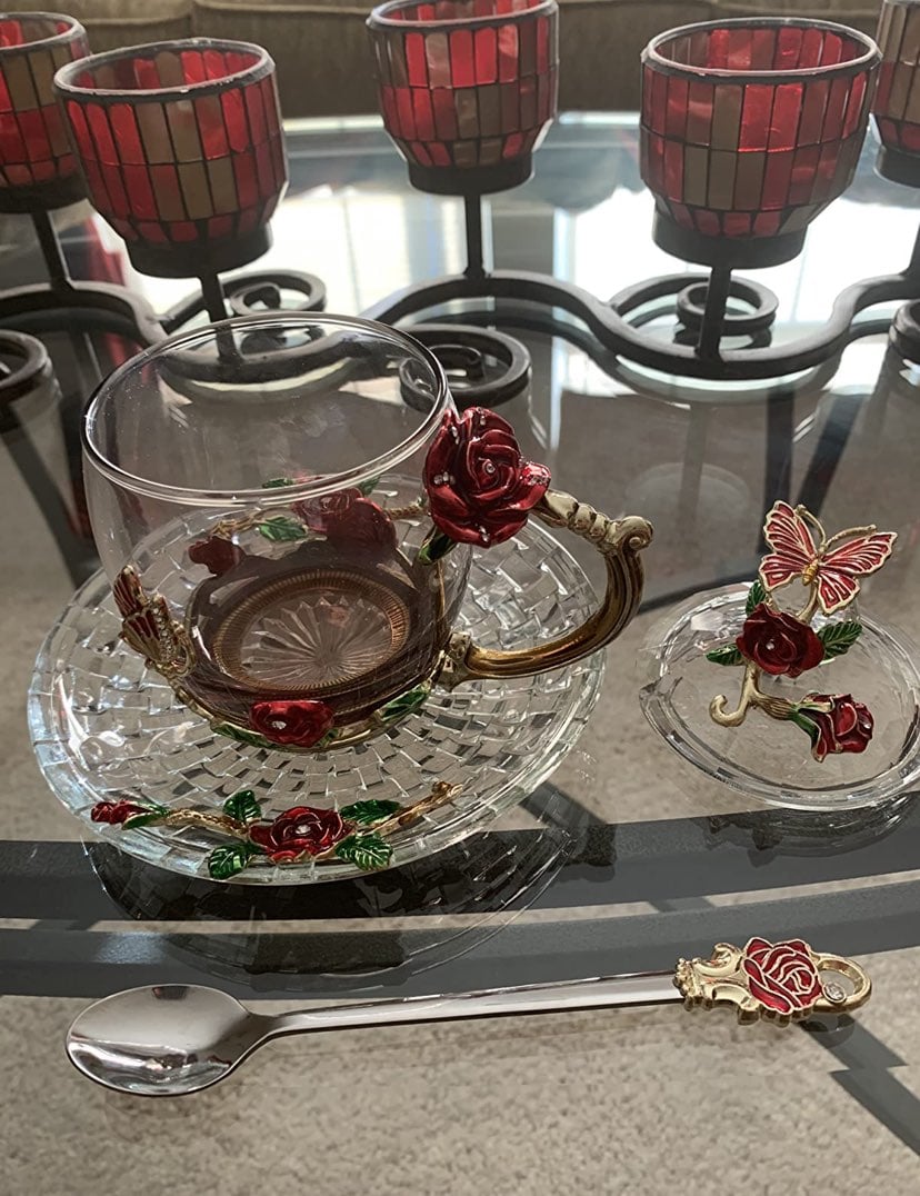 Beuatiful Rose Crystal Teacup, Saucer, Lid, and Spoon