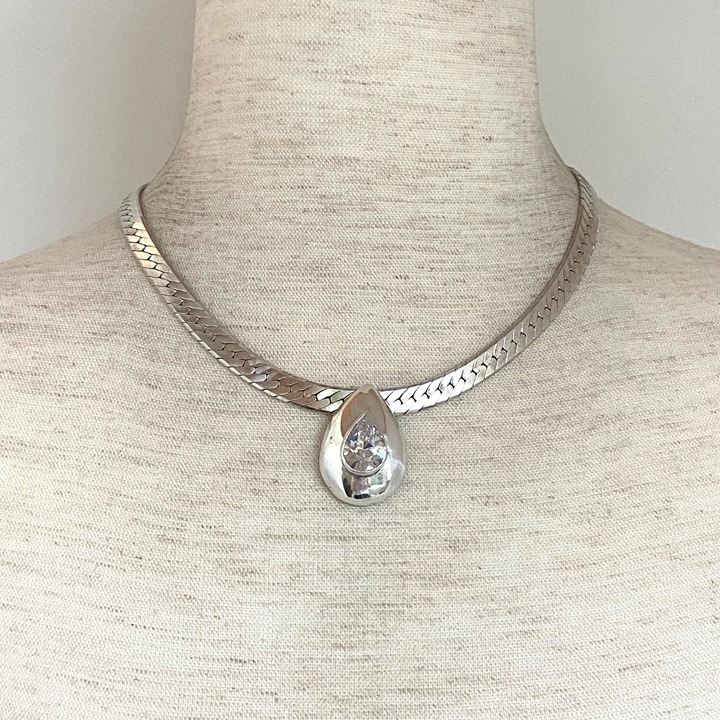 Sterling Silver Italy Teardrop Cubic Zirconia 7MM Herringbone Pendant Necklace