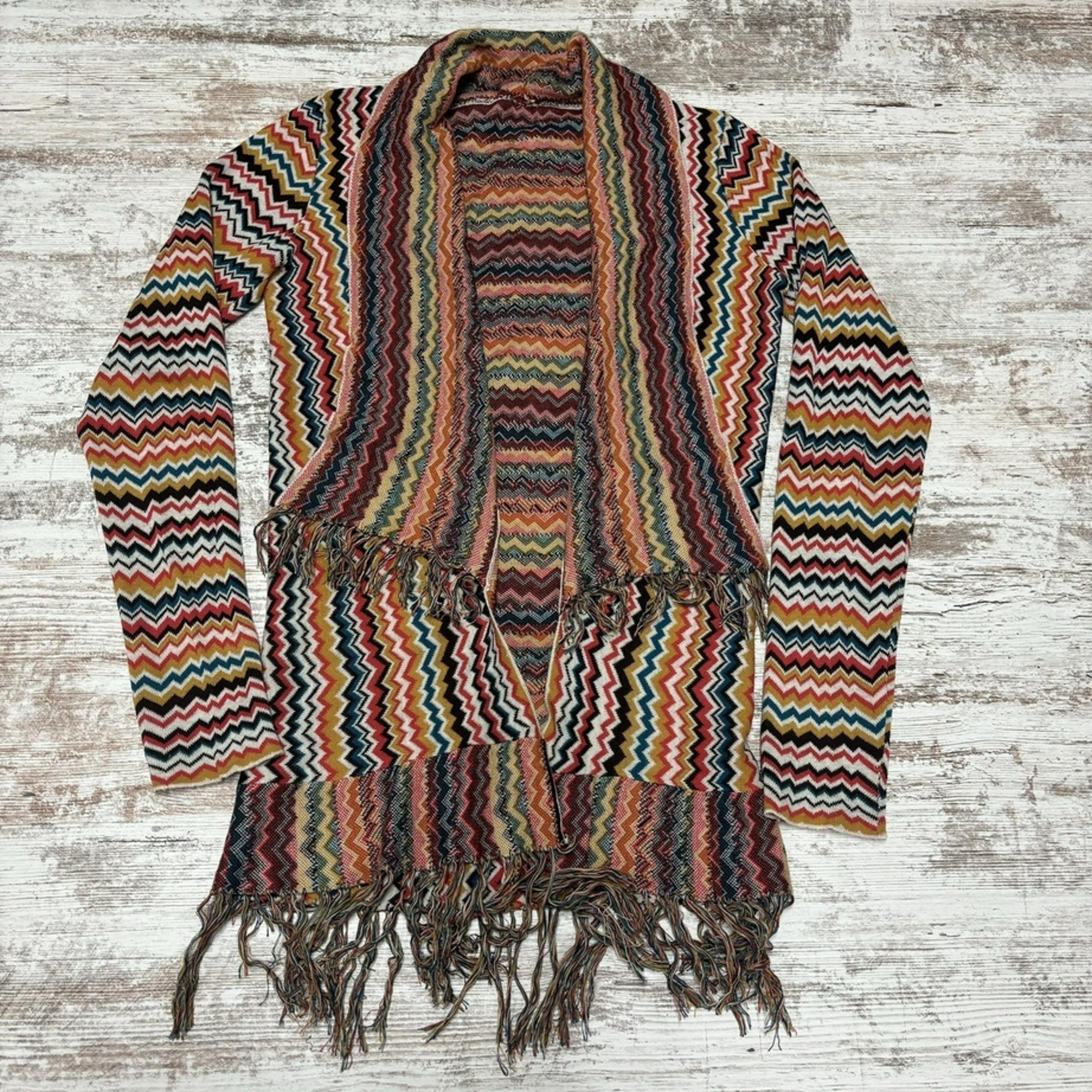 BKE Buckle Cardigan Sweater Womens Small Stripe Fringe Trim Southwest Boho