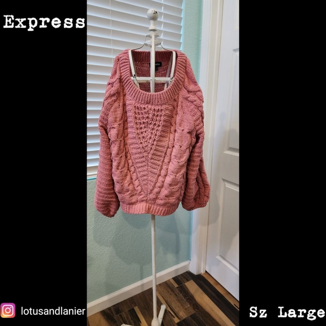 Express Pink Cable Knit Sweater with Lantern Sleeves Sz Large