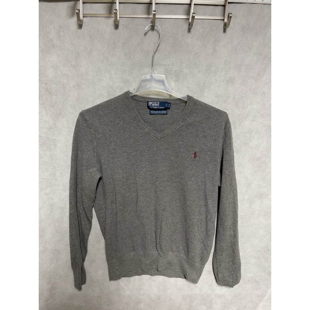 VTG Polo Ralph Lauren Sweater Women L Gray Cashmere Cotton Pullover Knit V Neck