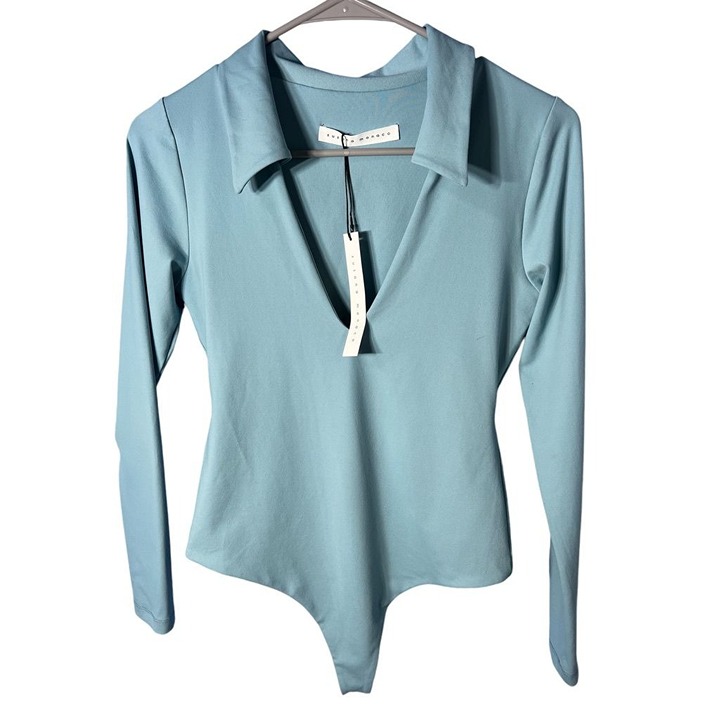 Susana Monaco Womens Aqua Long Sleeve Bodysuit With Collar, SMALL