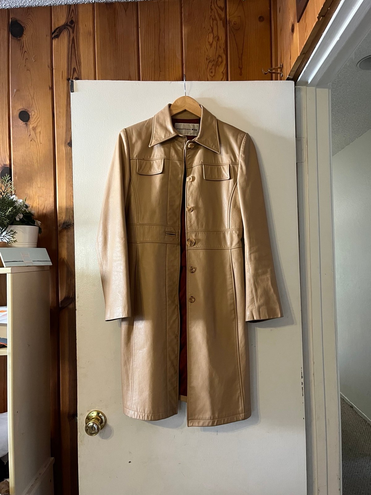 tan leather trenchcoat