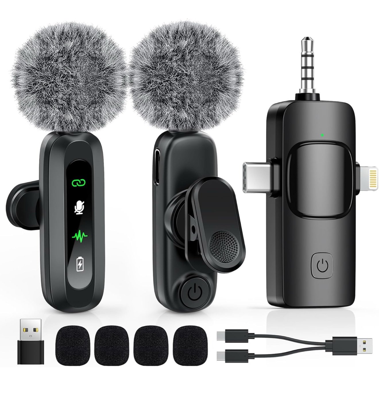 Wireless Lavalier Microphone Video Recording 4 in 1 Clip-on Mics with Rotatable
