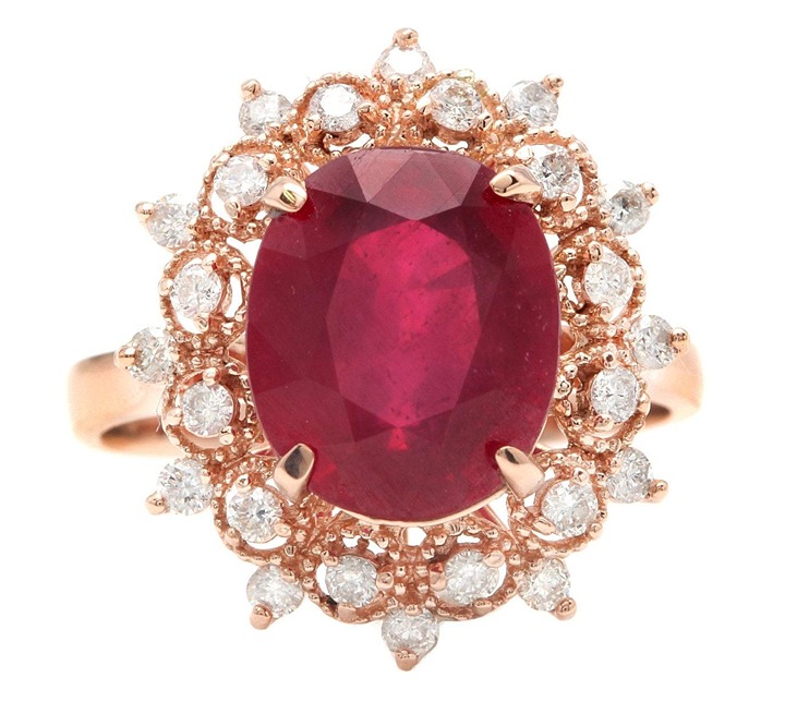 6.70Ct Natural Oval Red Ruby & Diamond Halo Solitaire Ring 14k Rose Gold