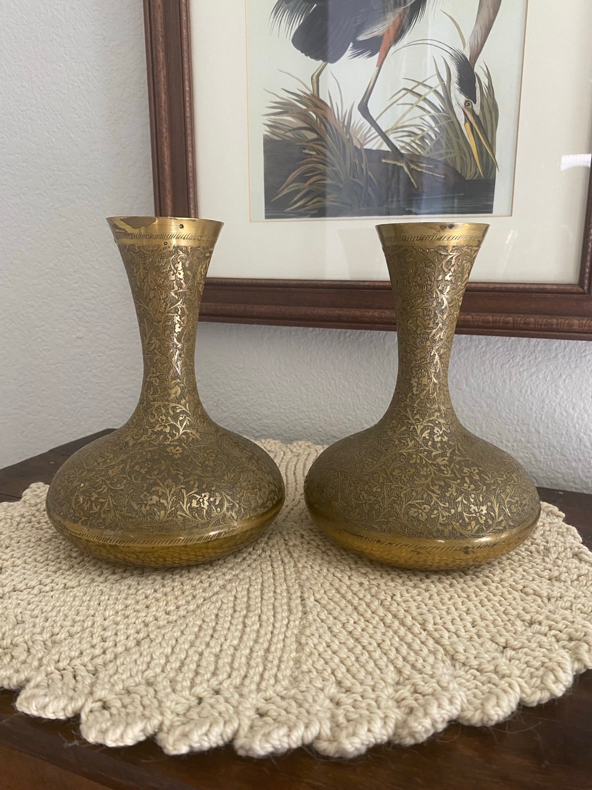 Vintage Brass Vase set of 2 Floral Etched Vases 7” tall