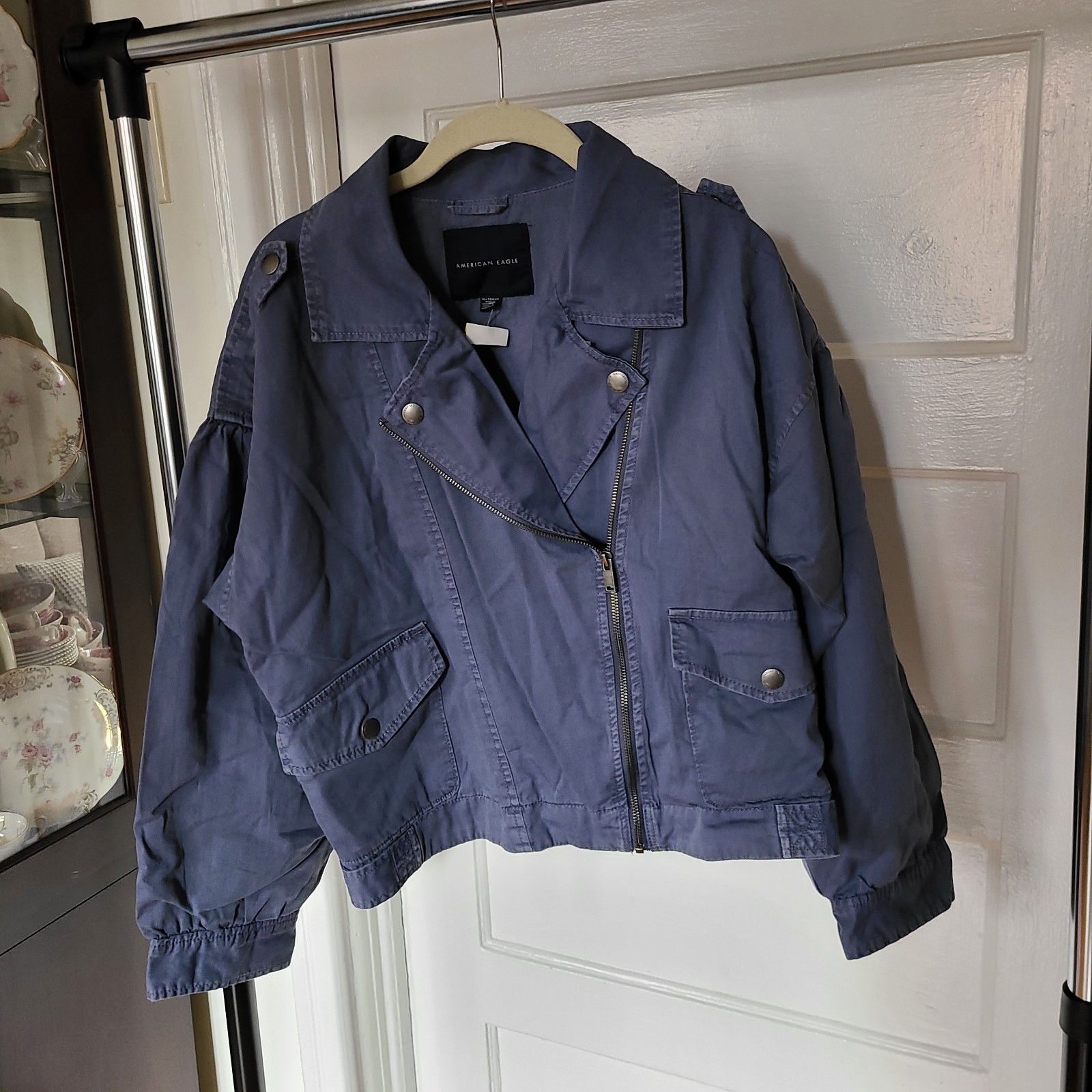 American Eagle Asymmetrical Moto Puff Sleeve Jacket Size XLarge 100% Cotton NWT