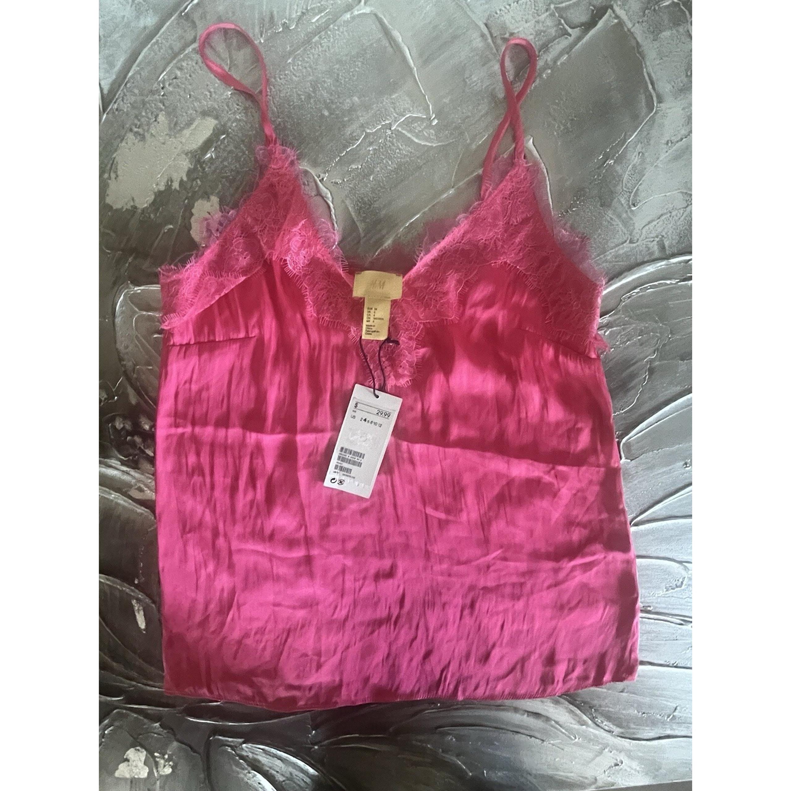 H&M Pink Silky Sateen Feel Camisole Spaghetti Strap Tank With Lace Trim Size 2