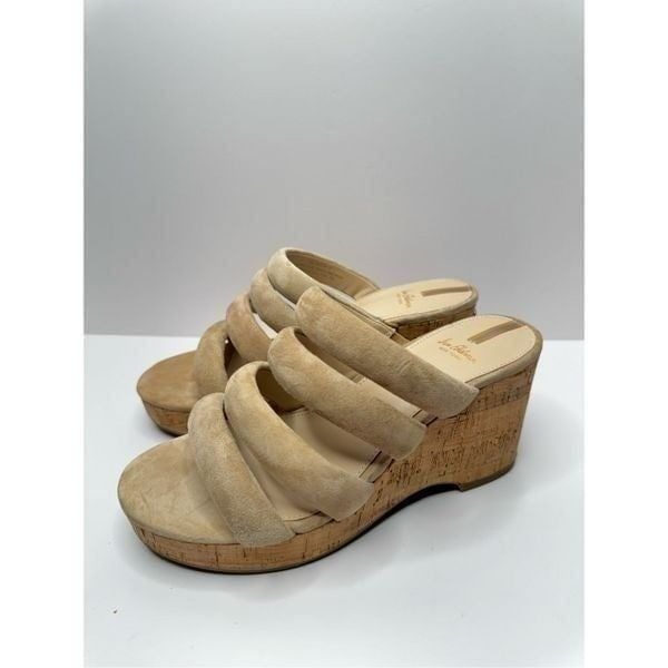 Sam Edelman Sandals Size 7 Tan Suede Leather Slip On Platform Wedges Logo