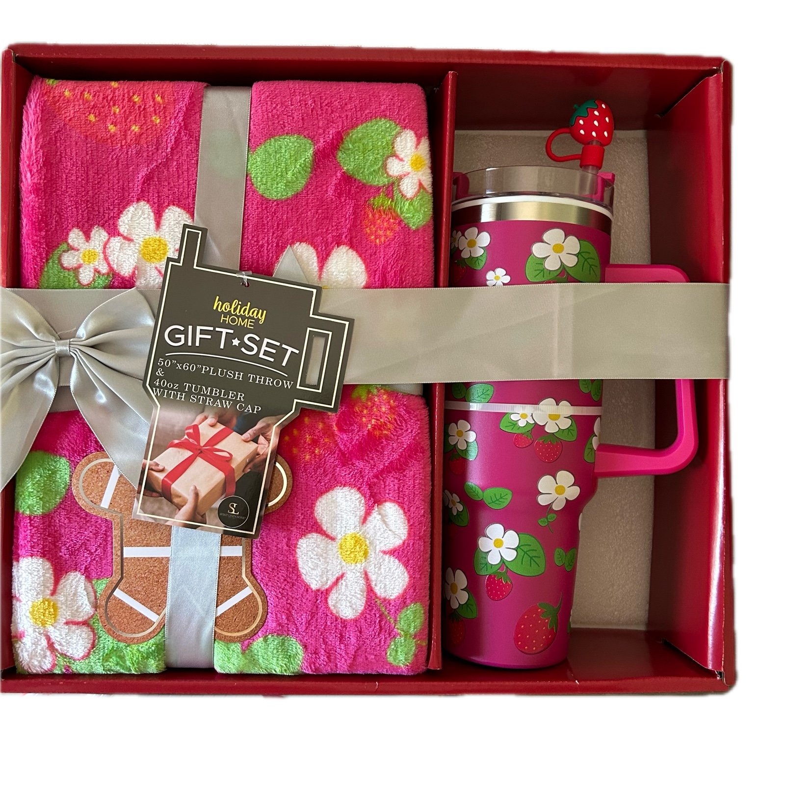 Gift Set with Pink Floral Tumbler and Plush Throw