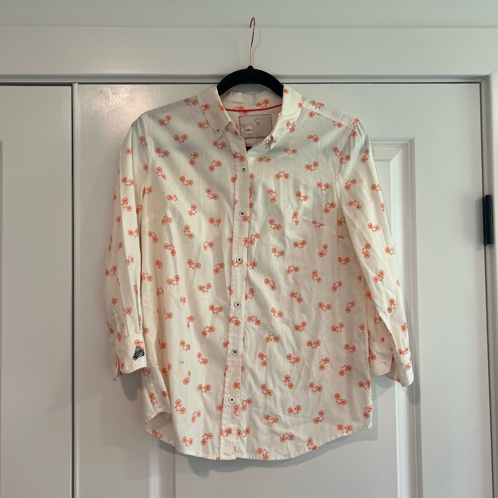 Anthropologie Postage Stamp Womens Button Down White Orange Bikes Size 4
