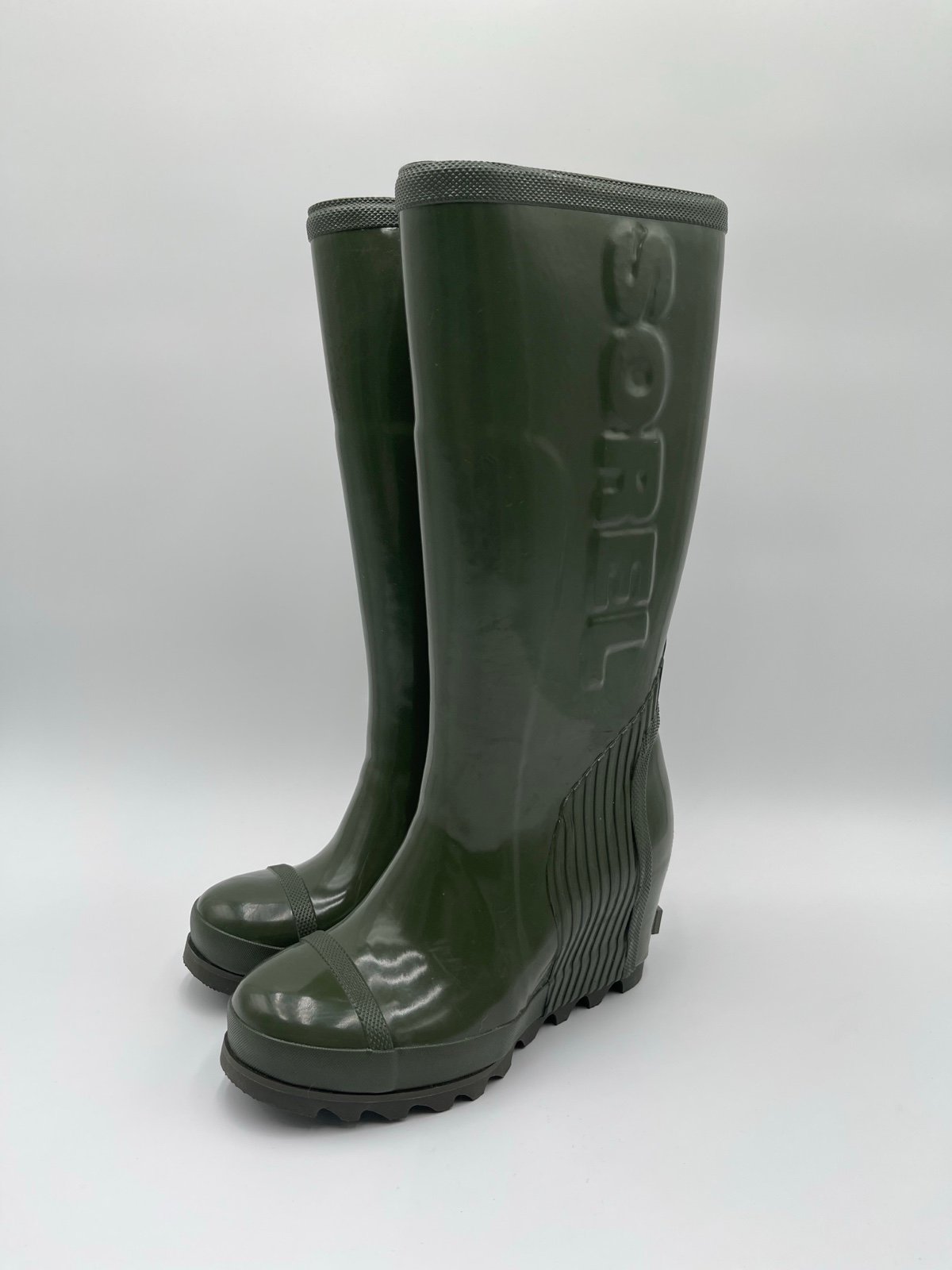 Sorel Joan Sz 6 Tall Wedge Rain Boots Knee High Waterproof Olive Green