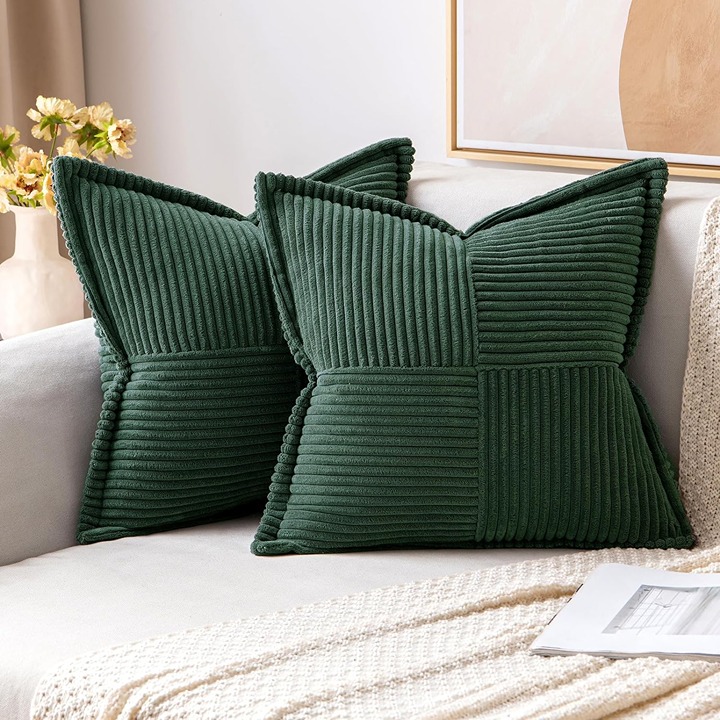 Corduroy Pillow Covers with Splicing Set of 2 Super Soft Boho Striped Covers